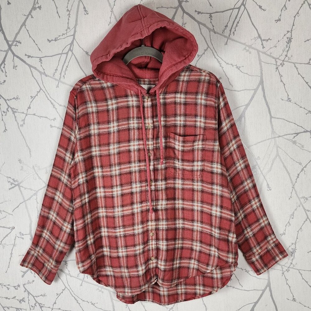 American Eagle Coral Plaid Button Front Hooded Flannel Shirt